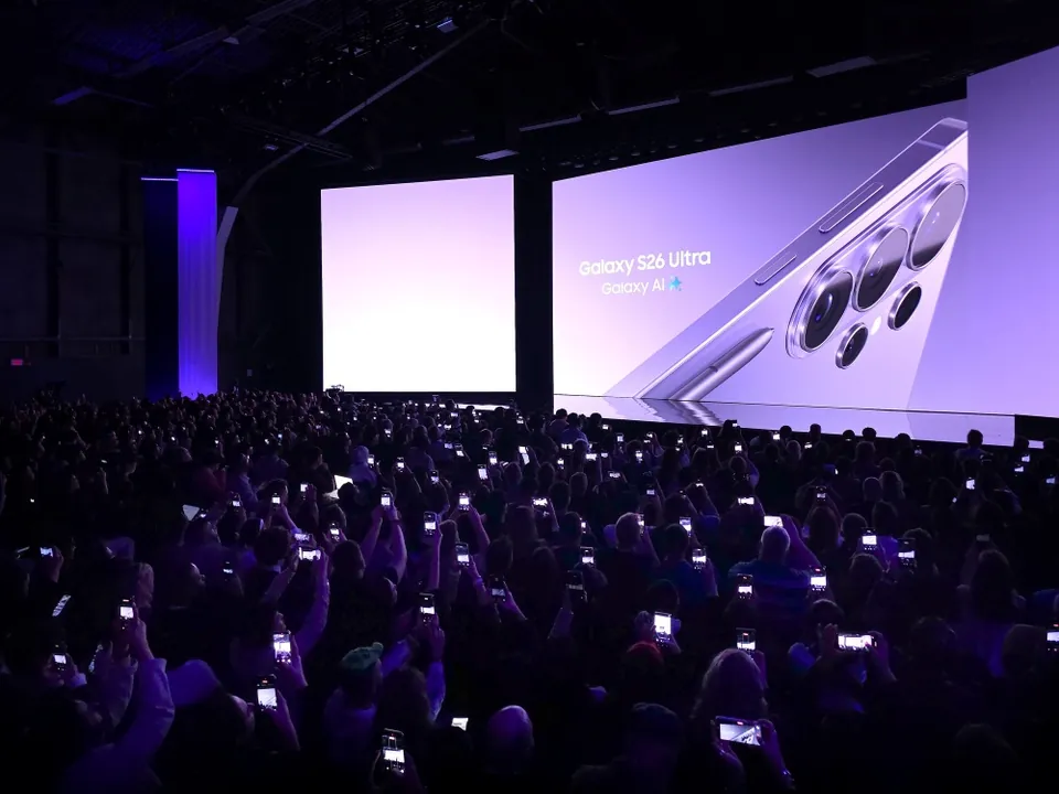 The audience at Galaxy Unpacked 2026 in front of a giant Galaxy S26 Ultra on screen