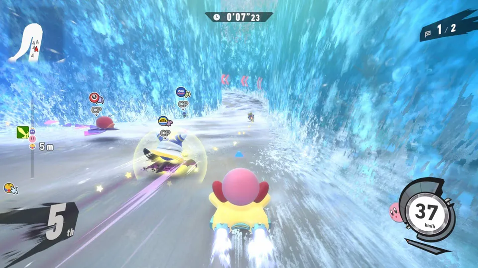 Kirby races a machine through an icy tunnel with a lap timer and speed gauge on screen in Kirby Air Riders.