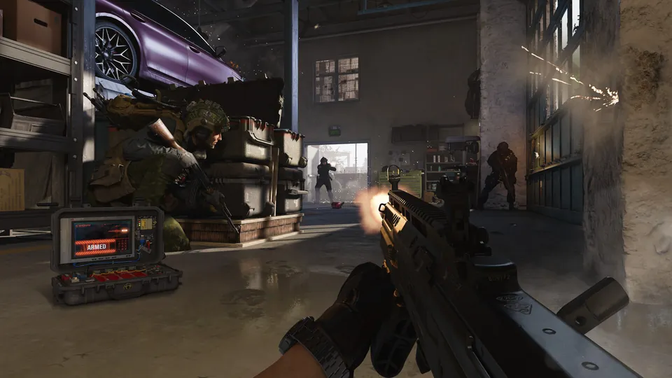 First-person view firing a rifle in a garage next to an armed bomb case in Modern Warfare 4 multiplayer