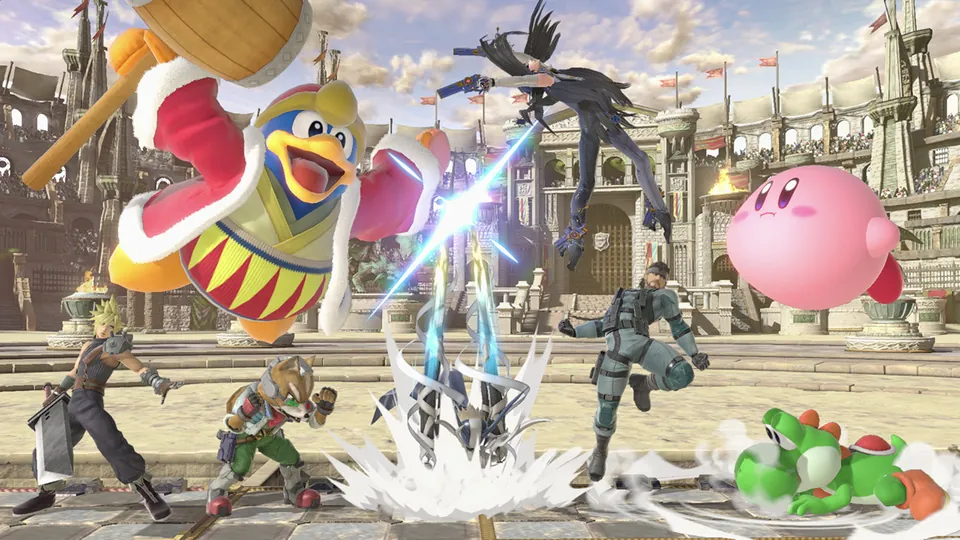 A crowd of fighters, including a pink puffball and a penguin king swinging a hammer, brawls in a sunlit stone arena in Super Smash Bros. Ultimate