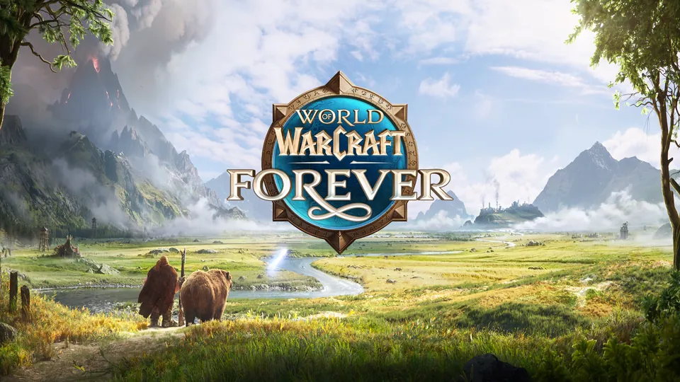 World of Warcraft: Forever logo over a green valley with mountains, from Blizzard's stress test announcement