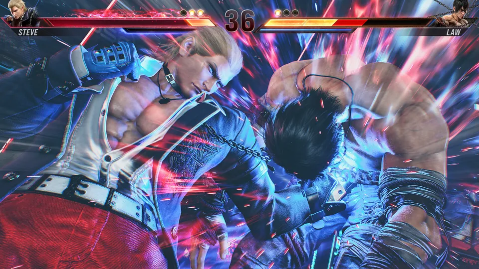 Two fighters trade blows in a burst of red and blue light during a match in Tekken 8