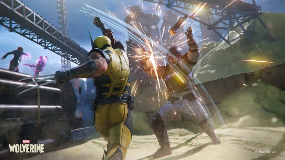 Wolverine slashing an armored enemy in a shower of sparks in Marvel's Wolverine