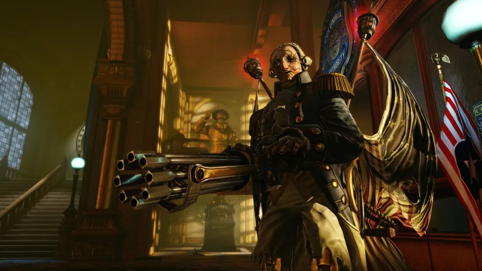 A Motorized Patriot robot with glowing parts stands on a street in Columbia in BioShock Infinite