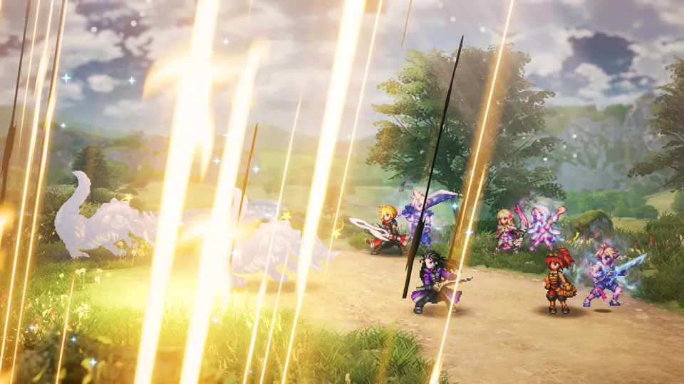 Final Fantasy Resonance battle screenshot: the HD-2D party unleashes a golden Resonance attack on a sunlit forest path