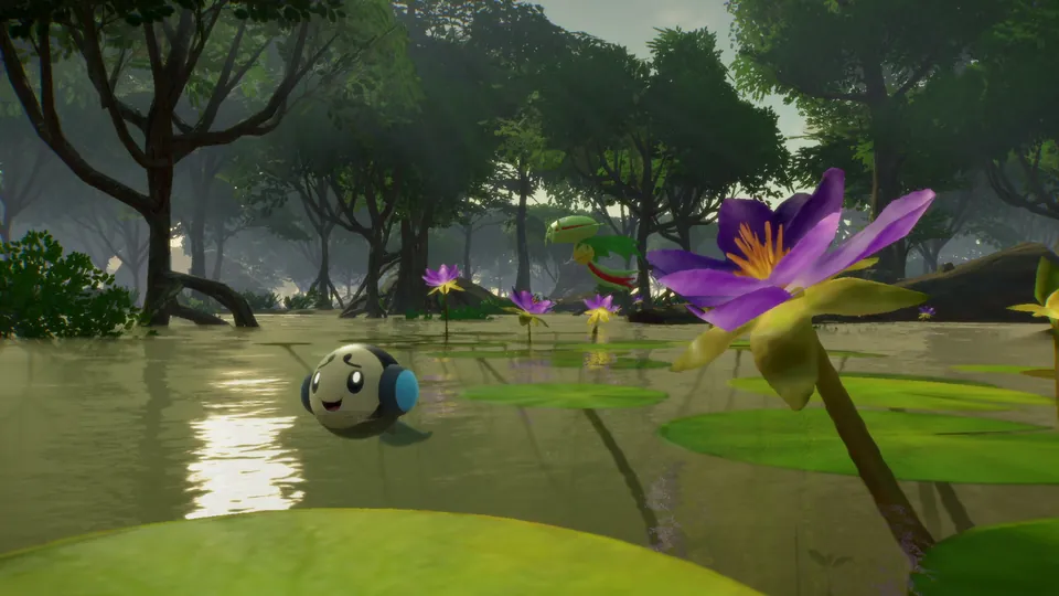 A small Pokémon peeks out of a pond full of lily pads