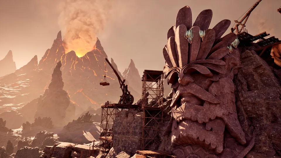 A volcano erupts behind a giant carved stone head wrapped in wooden scaffolding and cranes