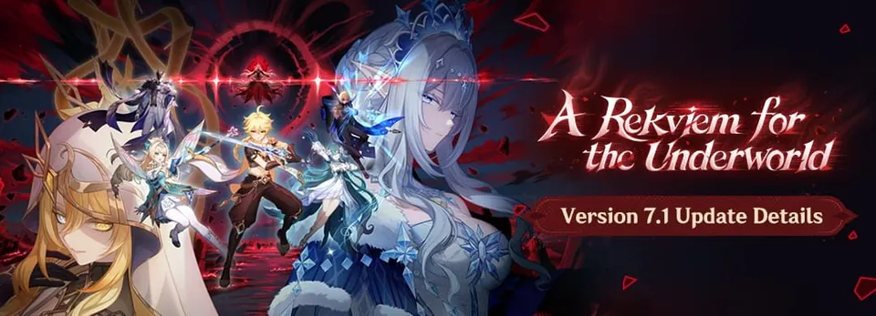 Genshin Impact Version 7.1 A Rekviem for the Underworld banner with characters against a red sky