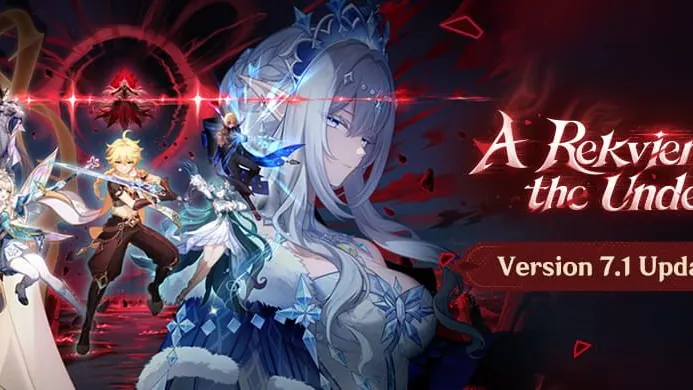 Genshin Impact Version 7.1 A Rekviem for the Underworld banner with characters against a red sky