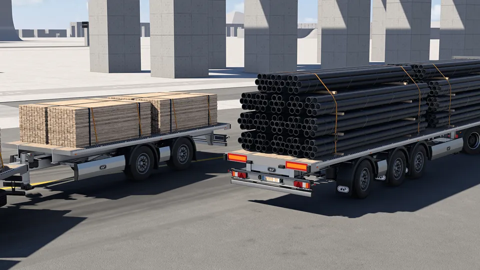 BeamNG.drive 0.40 screenshot: the Cherrier Percheron semi truck hauls flatbed trailers loaded with lumber and pipes