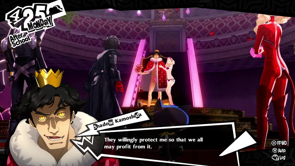A crowned figure in a red cape grins in a castle hall as Phantom Thieves face a throne