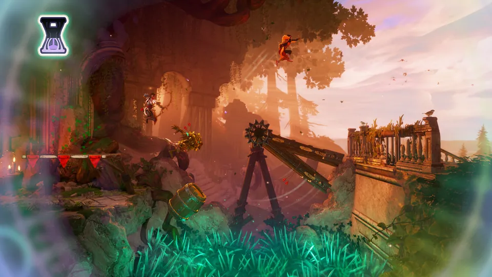 Heroes leap through a sunlit ruin past a wooden catapult and a flying barrel while Time-Slow is active in Trine 6