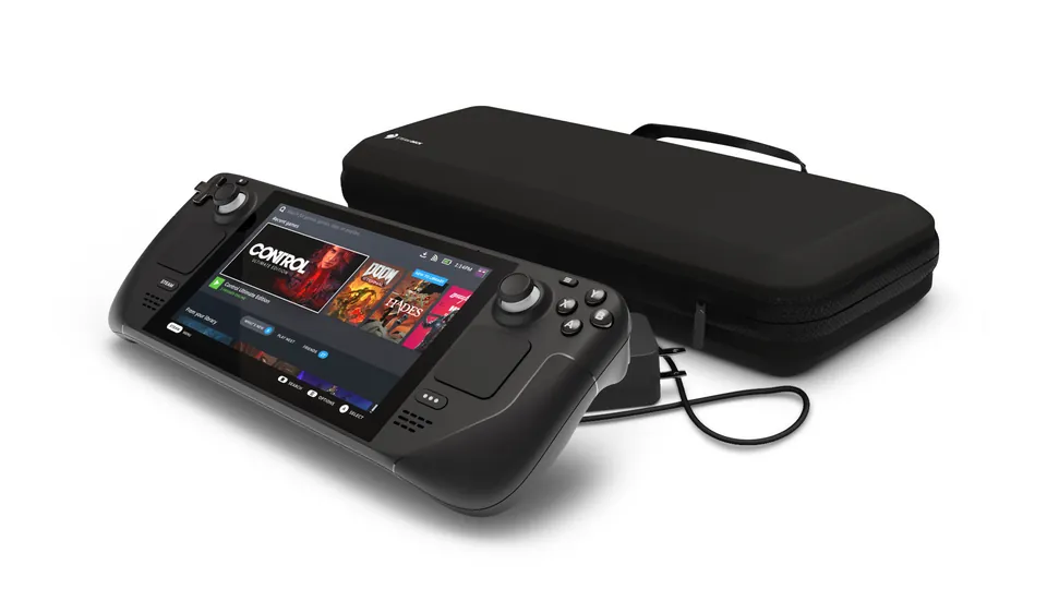 Steam Deck on a white background next to its black carrying case and charging cable, with the library on screen