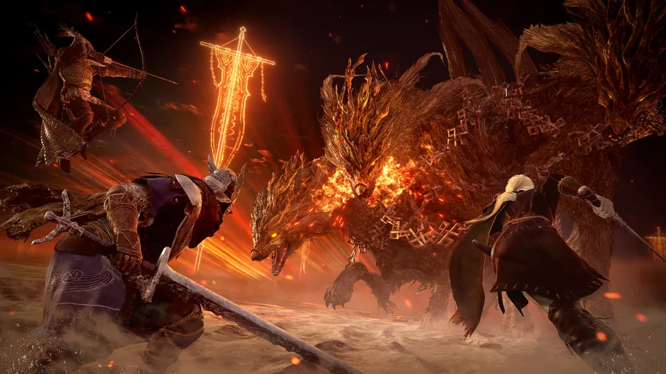 Three players fight a huge fiery beast with swords and a glowing blade in Elden Ring Nightreign