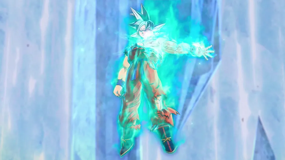 Goku with silver hair and a blue aura floats in front of a pale crystal wall with one arm stretched out