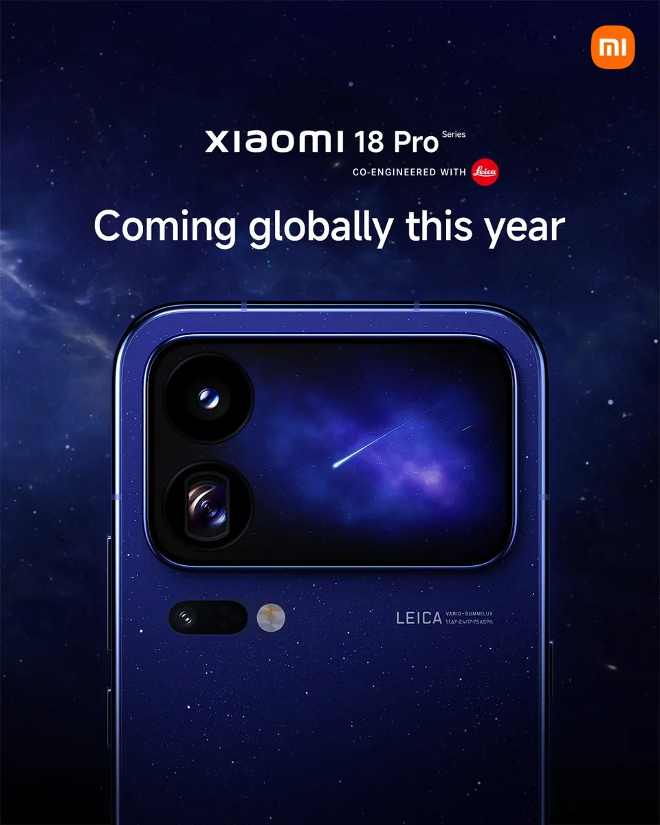 Xiaomi teaser image reading Xiaomi 18 Pro, coming globally this year, over the phone's camera and rear display