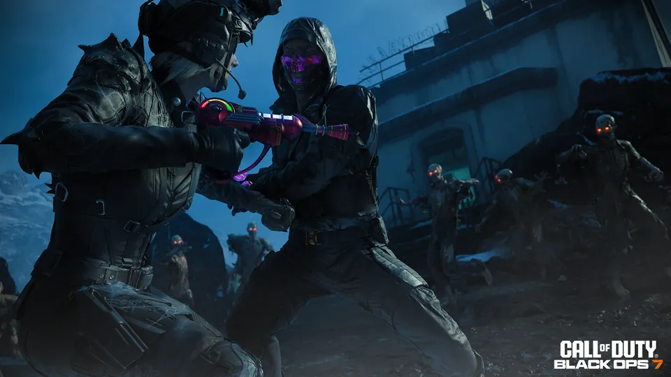 Two operators, one holding a glowing purple weapon, face red-eyed zombies at night in Black Ops 7