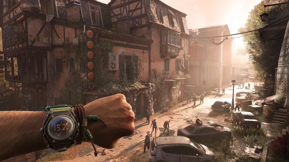 A first-person view of a wristwatch above a sunlit street full of infected in Dying Light: The Beast