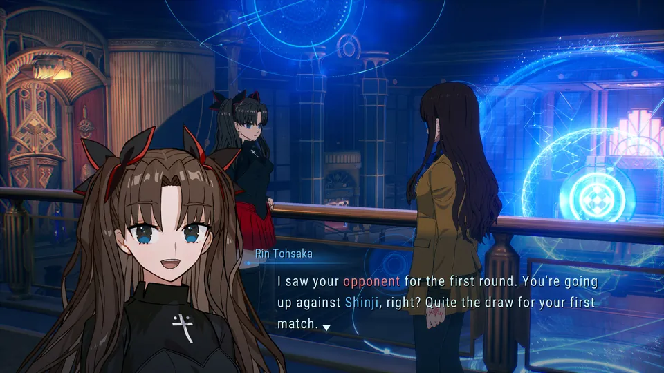 Rin Tohsaka talks to the player about the first-round opponent in Fate/Extra Record