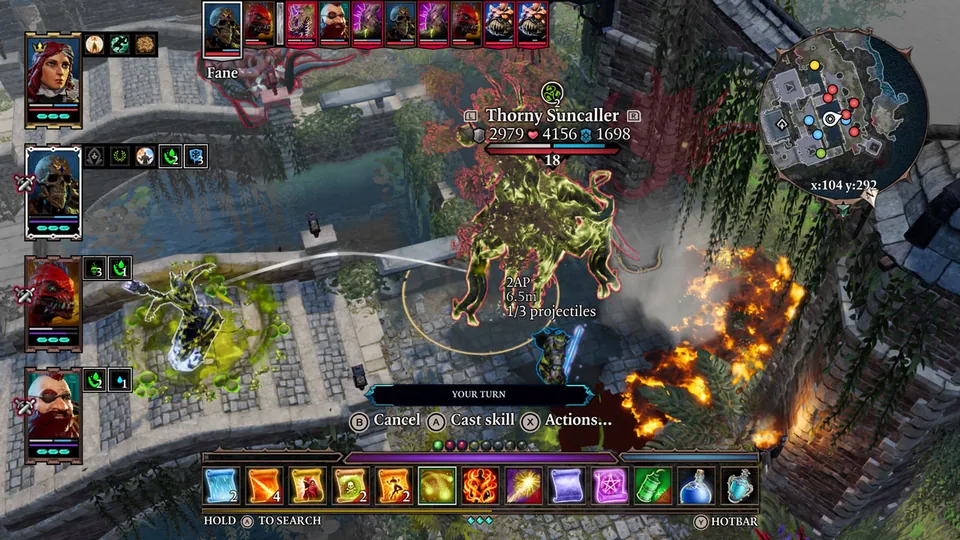 A turn-based battle in Divinity: Original Sin 2 with fire and a party facing a large green monster