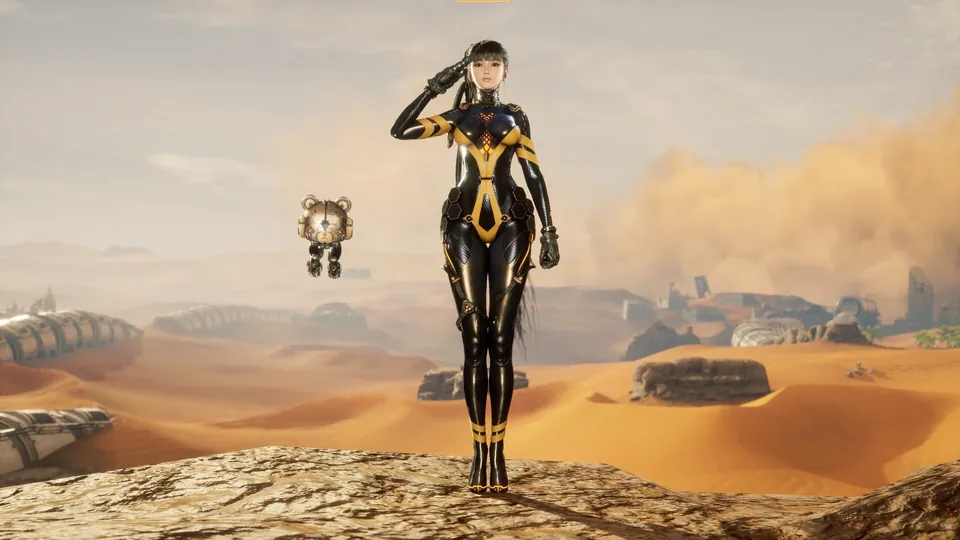 EVE salutes in a black and gold diving suit on a desert ridge as the Drone floats nearby