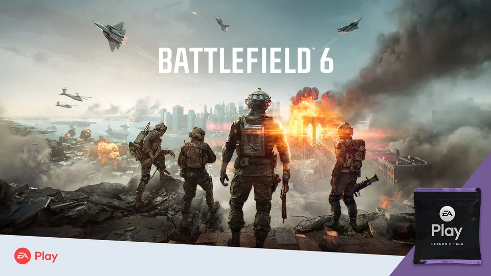 Battlefield 6 soldiers advancing through a burning city with jets overhead
