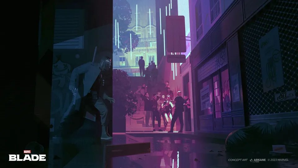 Concept art of Blade holding a pistol, a sword strapped across the back, slipping past a crowd partying in a neon-lit Paris alley