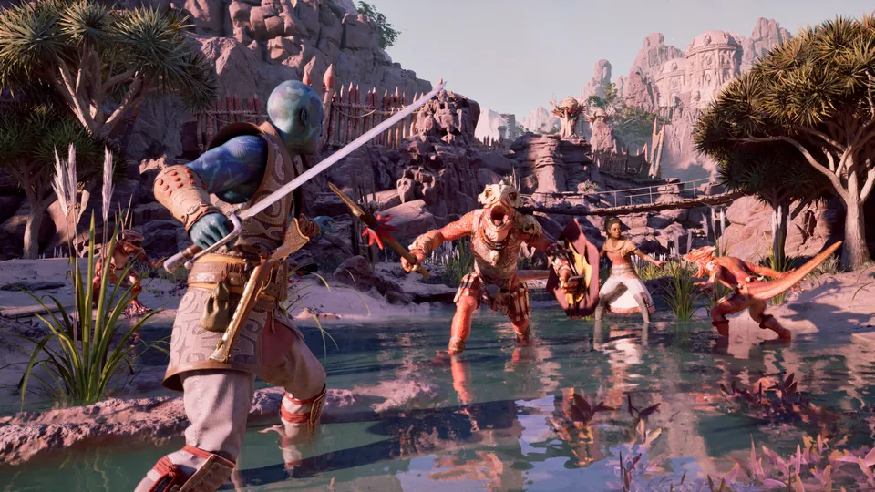 A blue-skinned swordfighter faces lizard-like warriors in a shallow pool below red rock cliffs