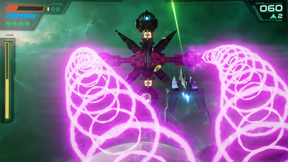An Arwing faces a giant mechanical boss firing spiraling pink energy rings in Star Fox