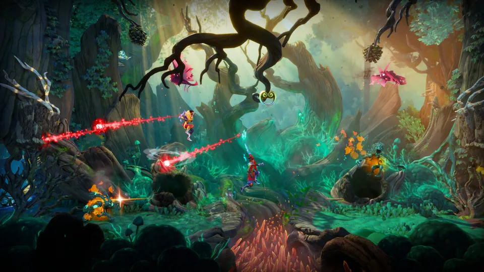 Heroes dodge red laser beams from flying creatures in a twisted green forest in Trine 6