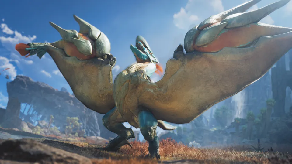A large blue and orange bird wyvern spreads its wings on a rocky cliff in Monster Hunter Wilds: Ascendance
