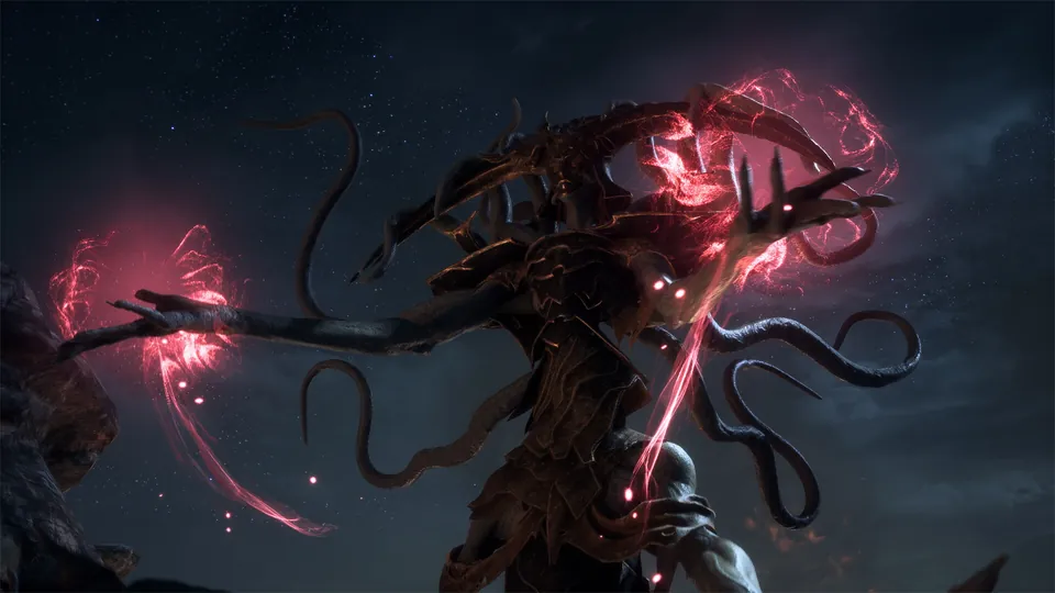 A towering monster with red glowing tendrils looms in the dark in Dragon Age: The Veilguard