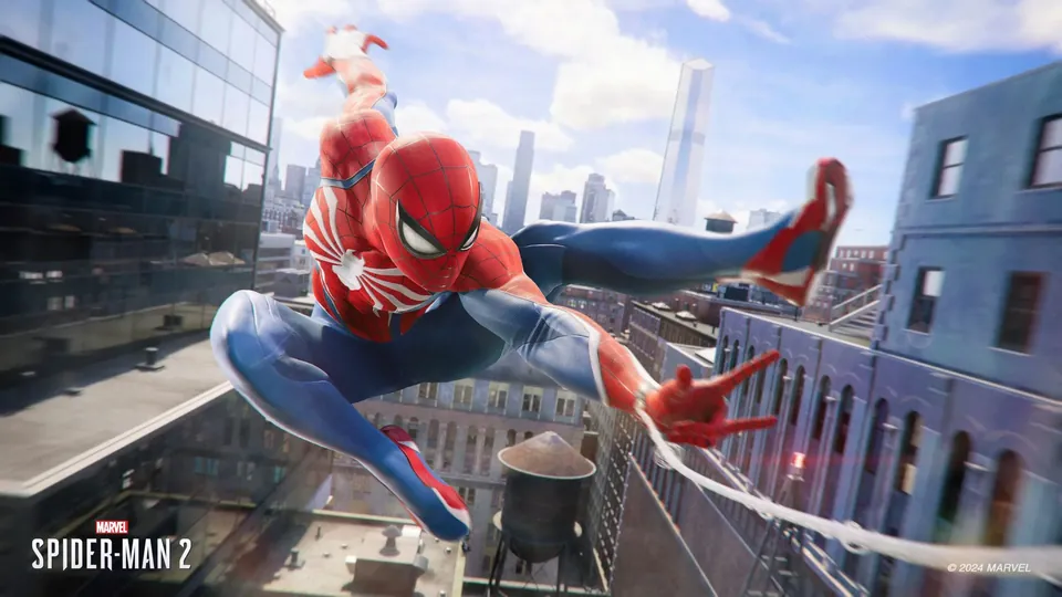 Spider-Man swinging over New York rooftops in Marvel's Spider-Man 2