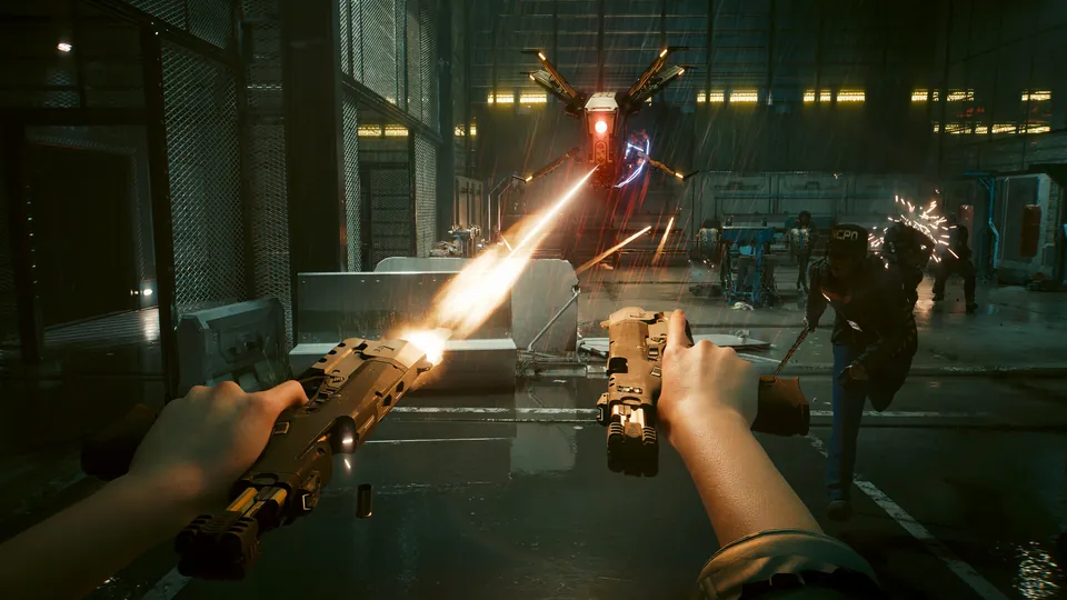 Cyberpunk 2077 first-person view of two gold pistols firing at once inside a warehouse, with a drone in the air