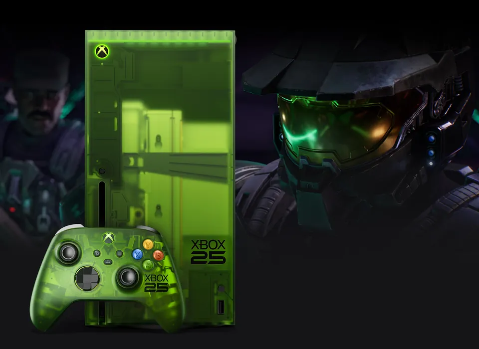 The translucent green Xbox Series X25 Limited Edition and its controller, with Master Chief behind