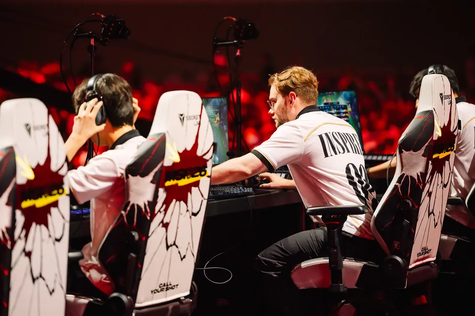 Inspired of LYON plays on stage at MSI 2026, with a teammate in the next seat and the crowd behind