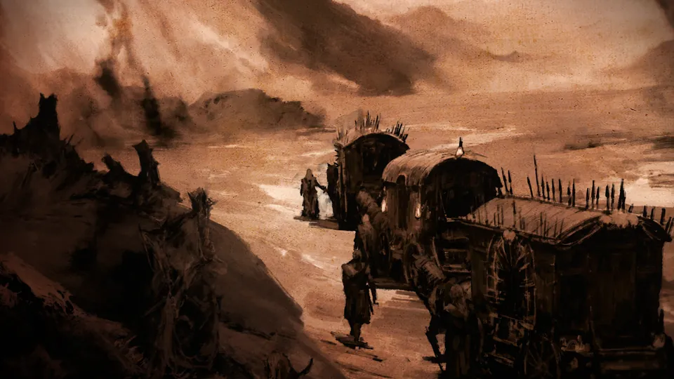 A line of covered wagons crosses a scorched brown wasteland in Diablo V