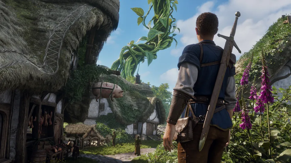 A Fable hero with a sword on his back walks past a mossy giant cottage