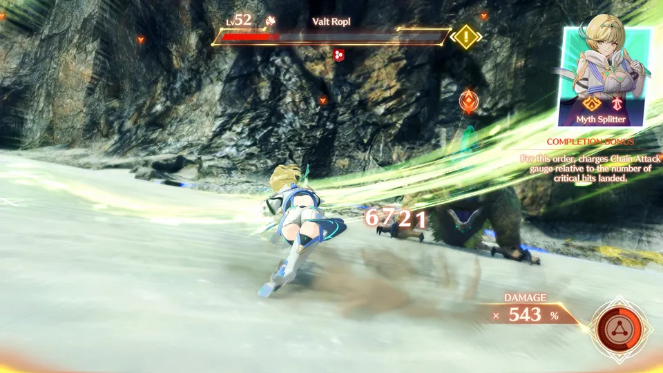 A Chain Attack order called Myth Splitter fills the screen with green light as the damage bonus reaches 543% in Xenoblade Chronicles 3