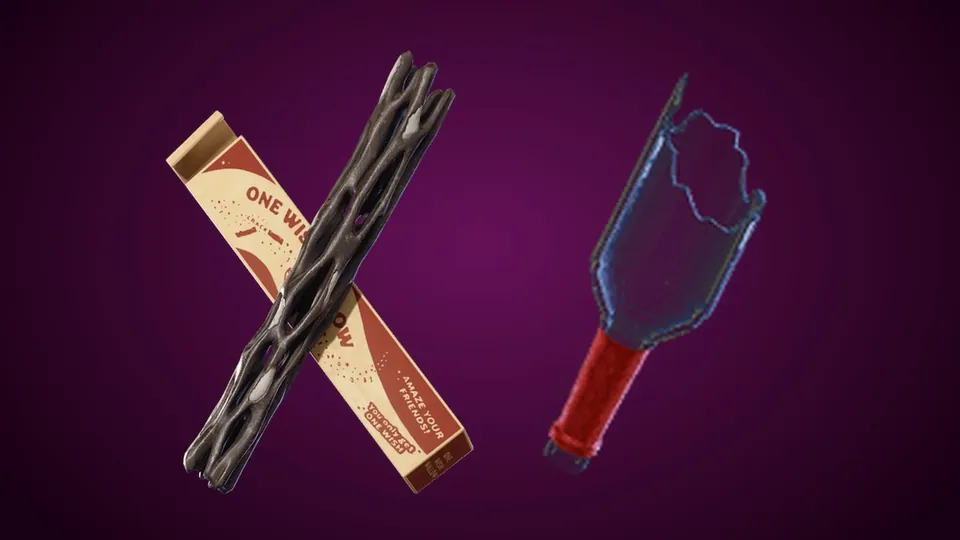 The One Wish Willow back bling with a twisted stick and its box next to the Nikki's Broken Bottle pickaxe in Fortnite