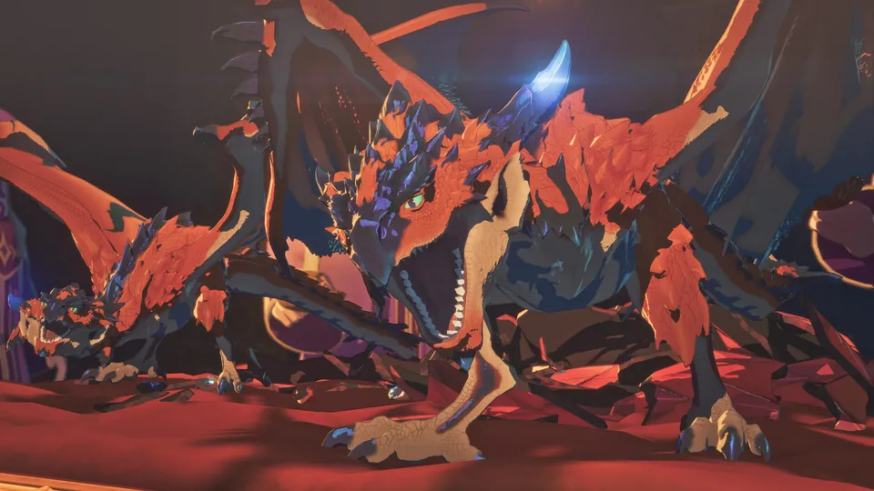 Twin Rathalos with glowing markings rear up in a dark chamber in Monster Hunter Stories 3