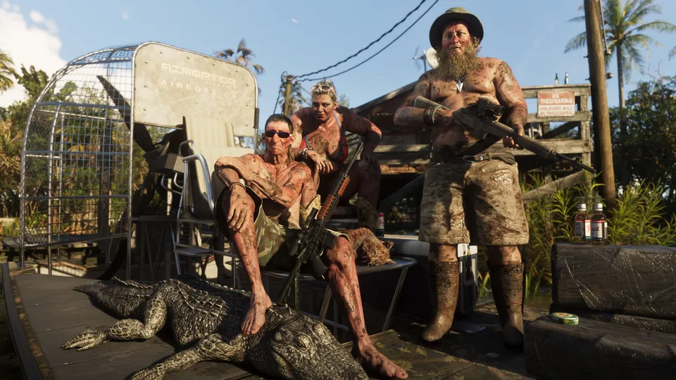 A swamp crew poses beside an alligator outside their shack in Grassrivers, GTA 6