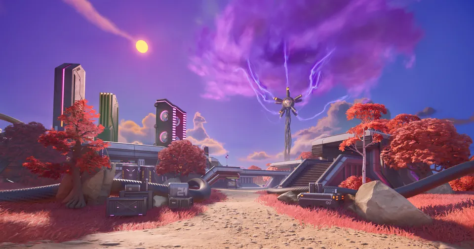 Red-leafed trees, neon towers and a purple storm cloud over a dirt road in the Fortnite Chapter 7 Season 4 lobby art