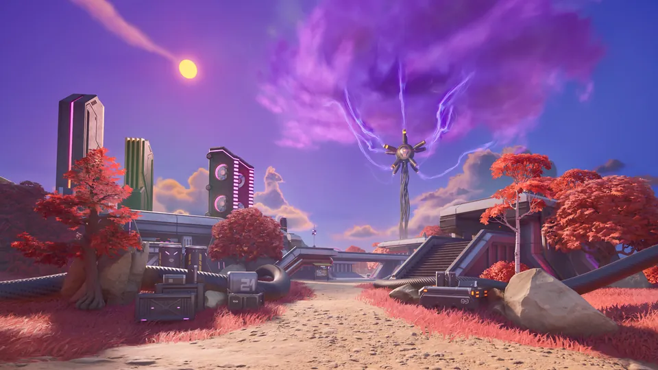 Red-leafed trees, neon towers and a purple storm cloud over a dirt road in the Fortnite Chapter 7 Season 4 lobby art