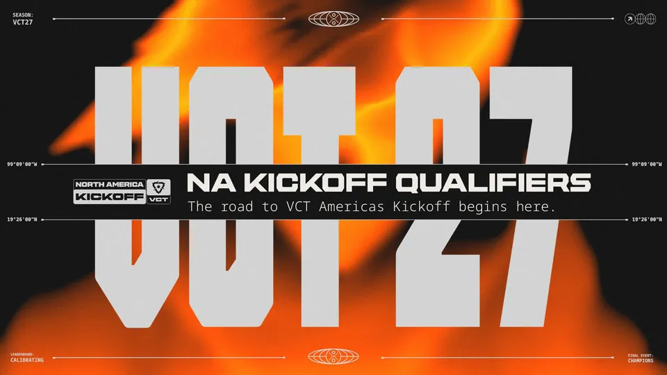 VCT 27 North America Kickoff Qualifiers banner on an orange background