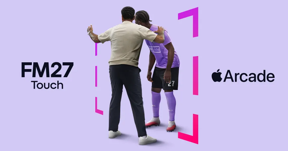 FM27 Touch and Apple Arcade logos beside a manager hugging a player in a purple number 27 shirt