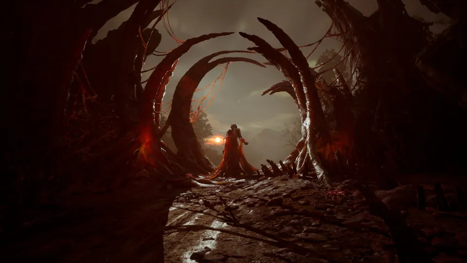 A lone figure stands in a tunnel of twisted red growths in Valor Mortis