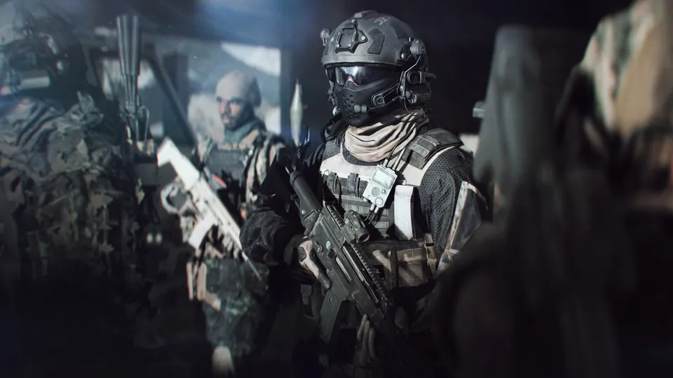 A masked Battlefield 6 soldier with a rifle waits inside a dark transport