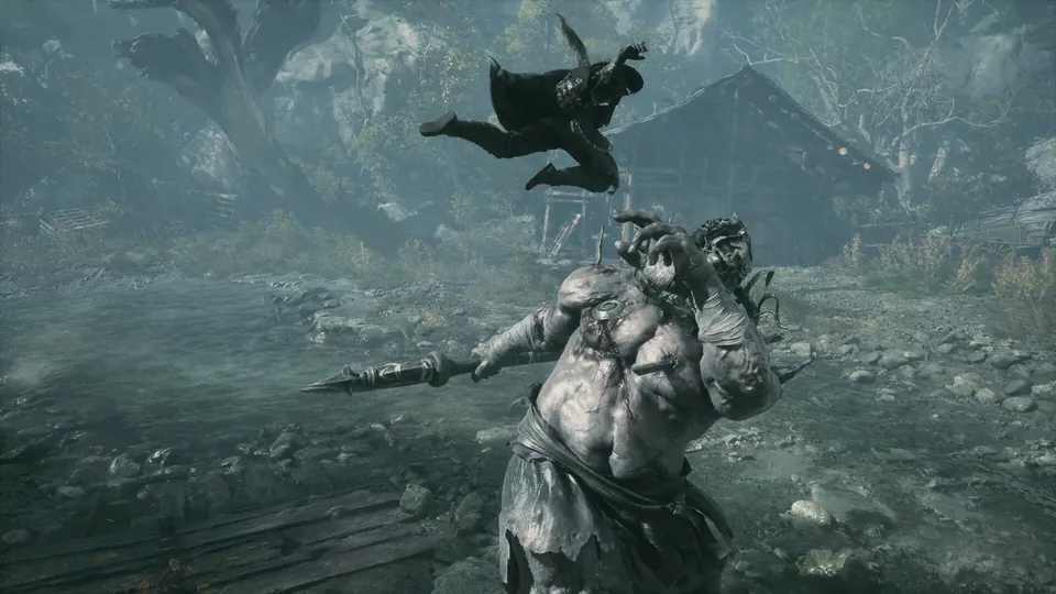 A huge, bare-chested brute swings a blade while a fighter leaps over a riverbank in Phantom Blade Zero