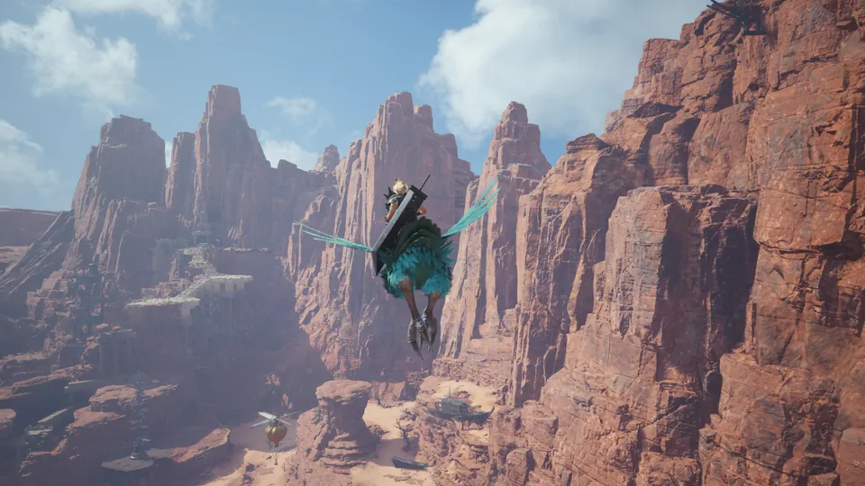 Cloud glides on a green chocobo between tall red rock canyons under a blue sky in Final Fantasy VII Rebirth on Nintendo Switch 2